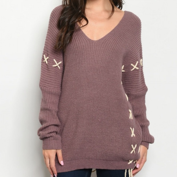 GIRLY & FLIRTY LACE UP MAUVE TUNIC SWEATER - Picture 2 of 8